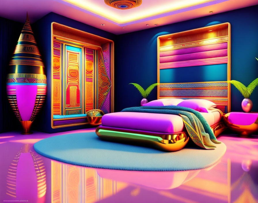 Modern bedroom with neon lights, purple bed, ambient lighting, and stylized plants