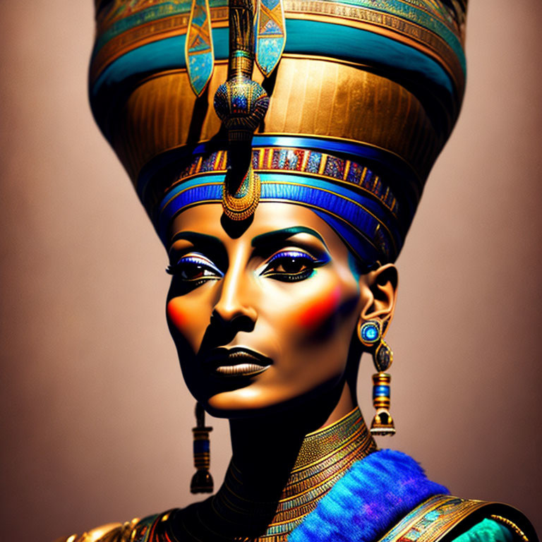 Egyptian queen with golden headdress and colorful makeup