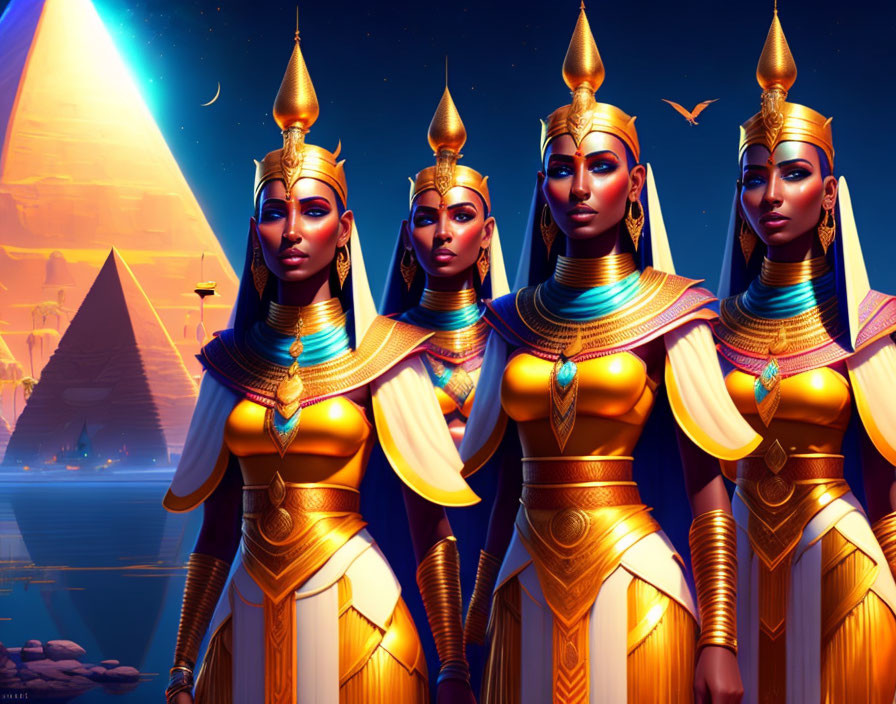 Four animated Egyptian women with golden headdresses in front of pyramids at sunset under a large moon,