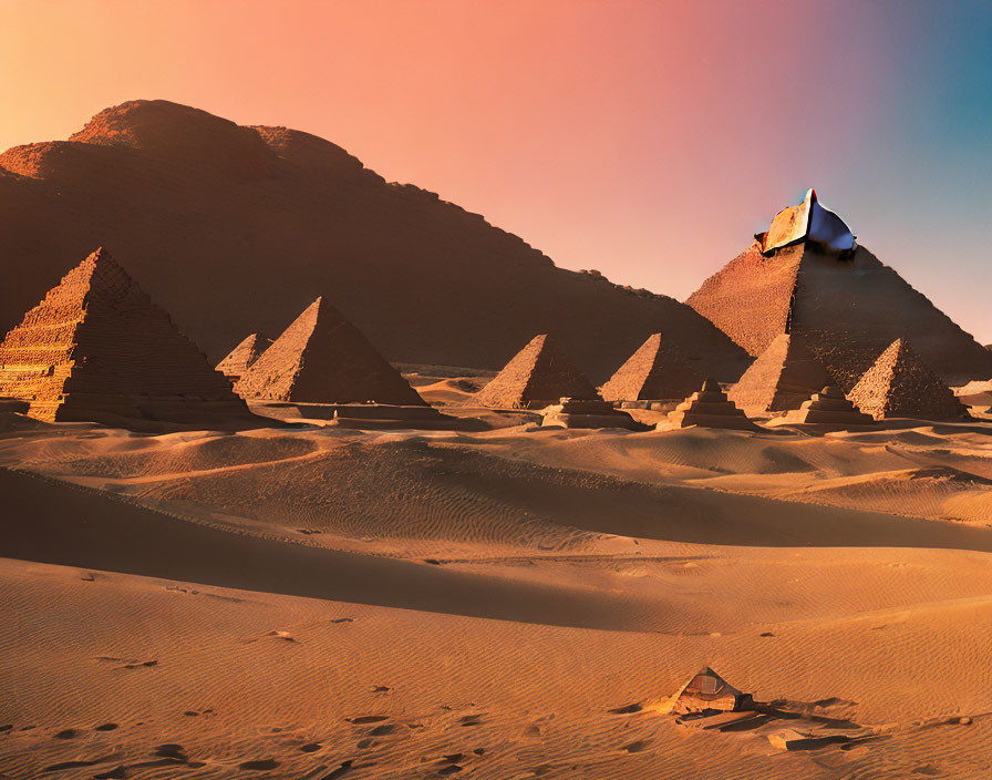 Golden Sunset Illuminating Giza Pyramids in Pink Sky