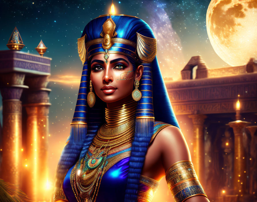 Detailed portrait of regal woman as ancient Egyptian pharaoh with pyramids backdrop