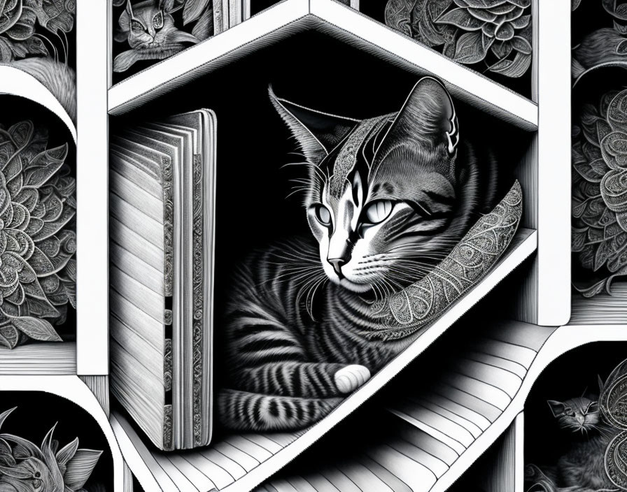 Monochrome illustration of striped cat in book with floral patterns