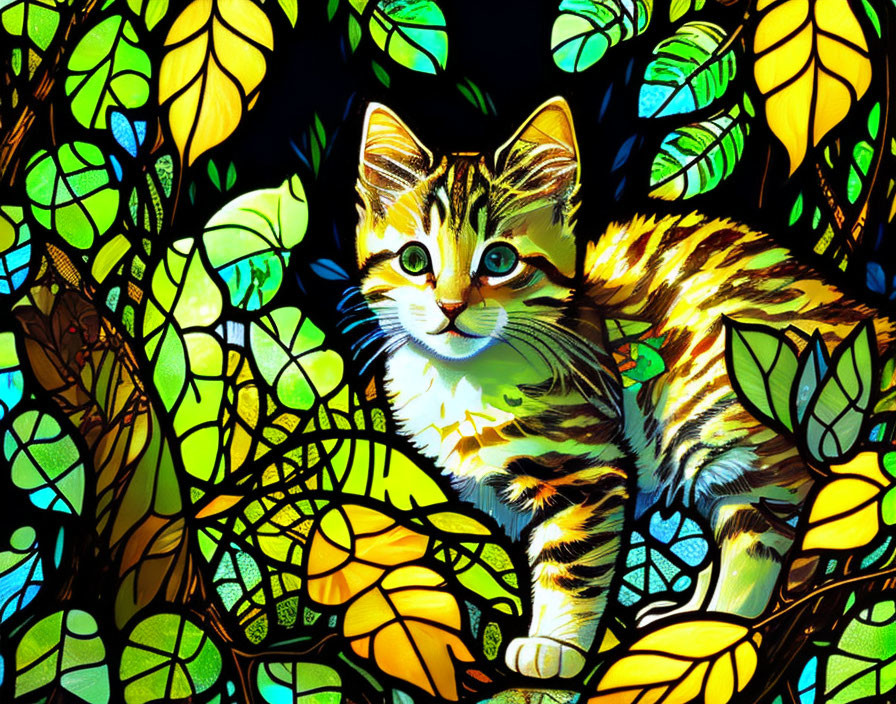 Striped kitten surrounded by vibrant leaves in stained-glass style