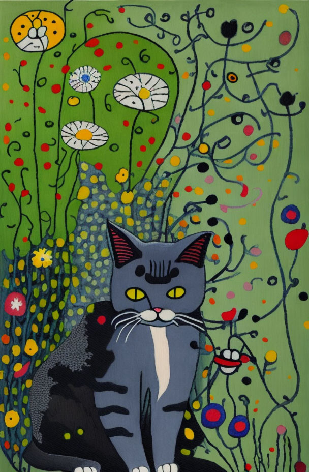 Colorful Floral Background with Gray Striped Cat Painting