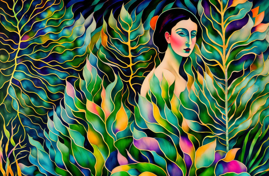 Vibrant painting of woman with stylized leaves in blue, green, and yellow