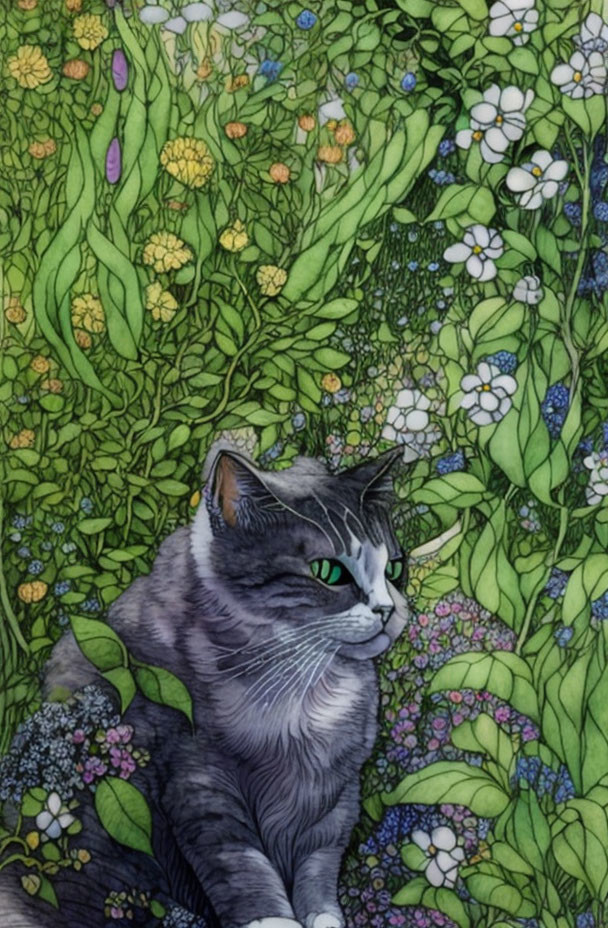 Grey and White Cat with Green Eyes in Lush Greenery and Flowers