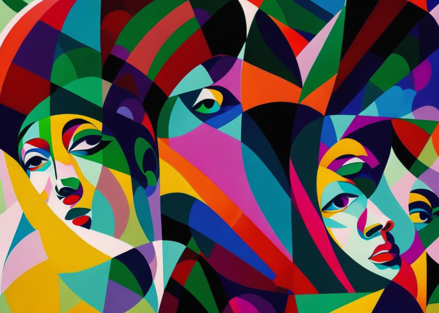 Vibrant abstract painting with geometric faces and stylized features