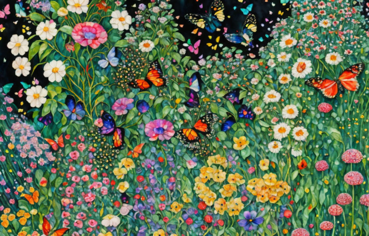 Colorful garden painting with flowers and butterflies on dark background