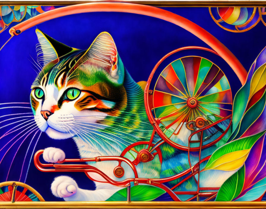 Colorful Cat Illustration with Intricate Patterns on Fur and Whimsical Background