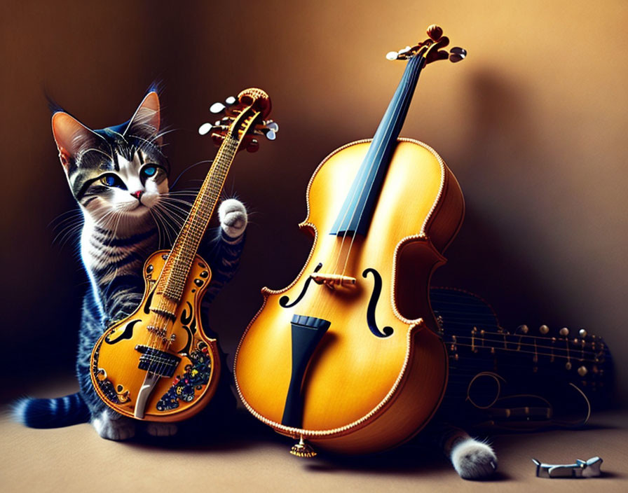 Tabby Cat with Violin and Guitars in Music Scene