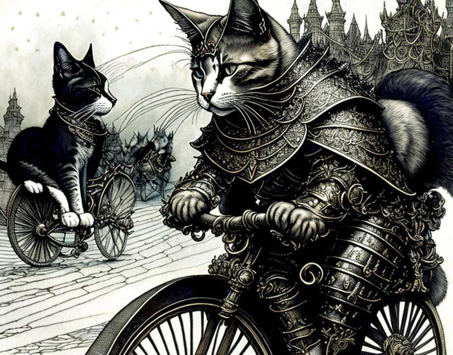 Anthropomorphic Cats in Medieval Armor with Gothic Cityscape