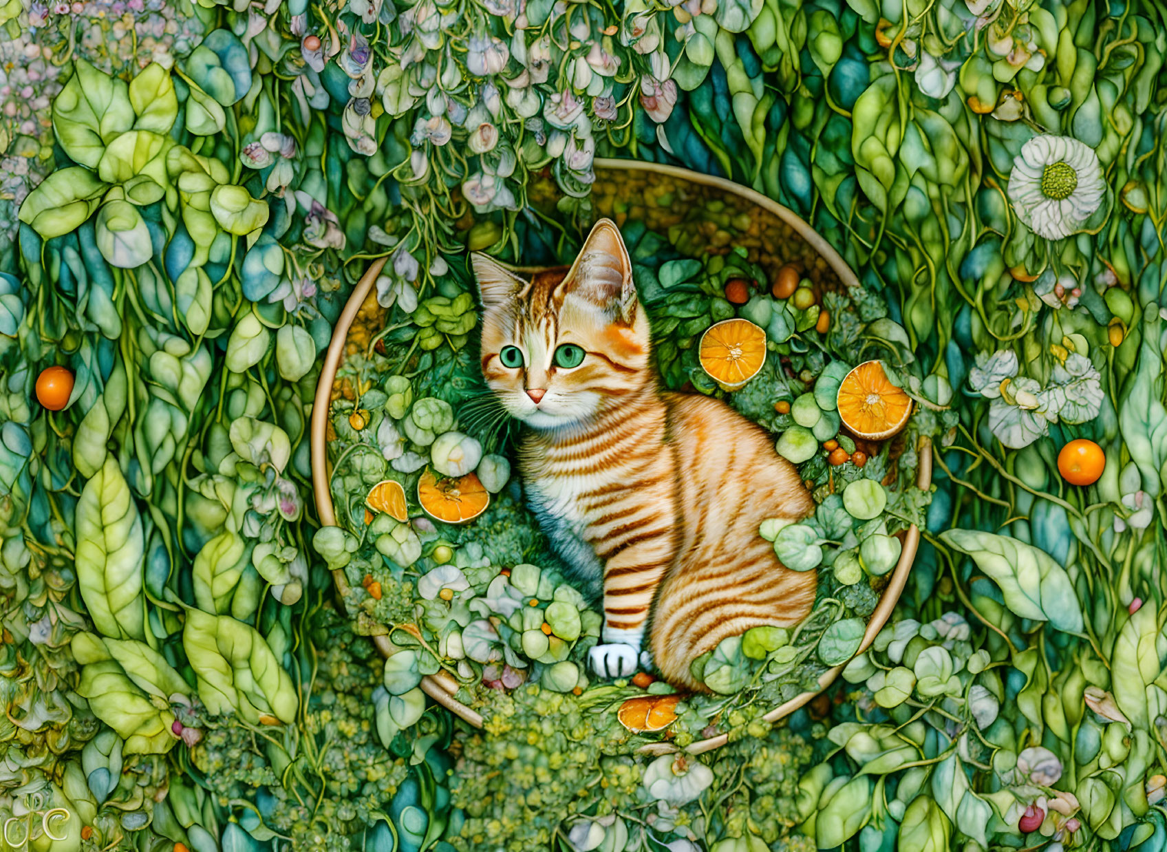Orange Tabby Kitten Among Green Foliage and Oranges