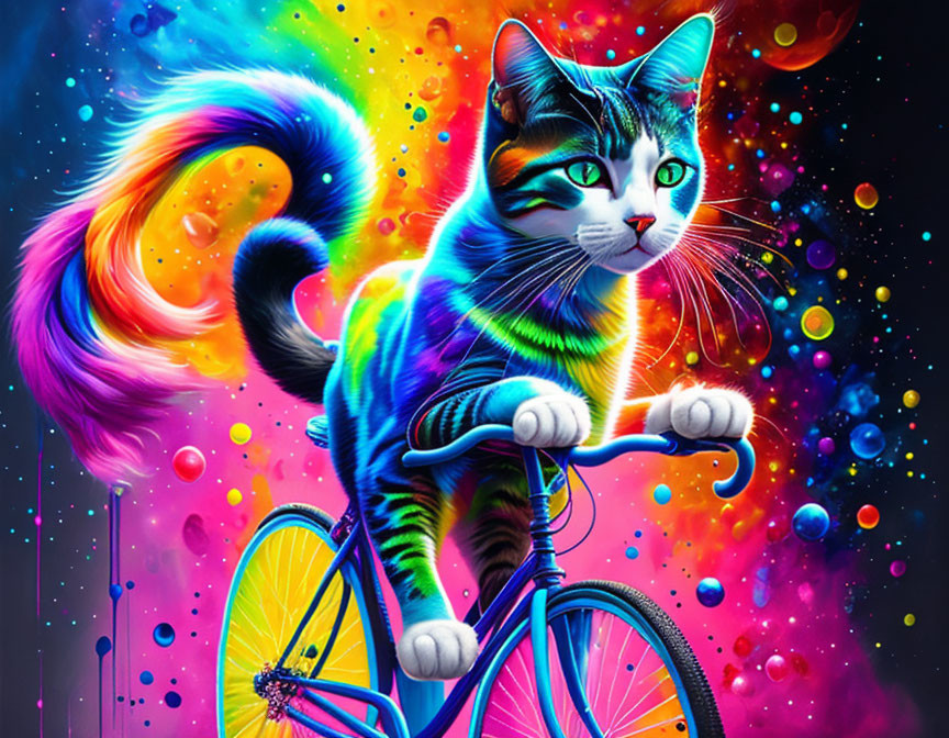 Colorful Cat Riding Bicycle in Cosmic Space Scene