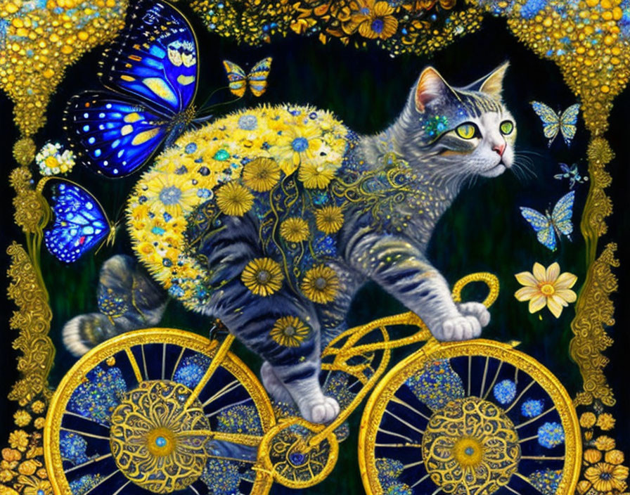 Detailed Painting: Cat on Golden Celestial Clockwork with Butterflies and Flowers