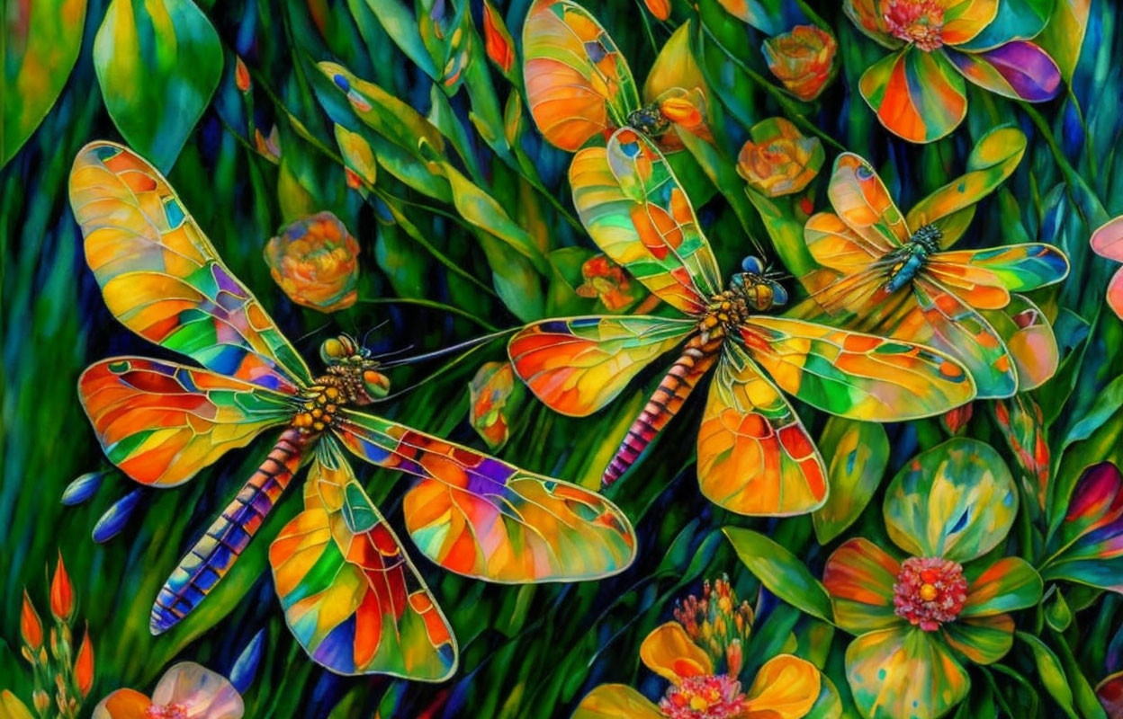 Colorful dragonflies in lush greenery and flowers artwork.
