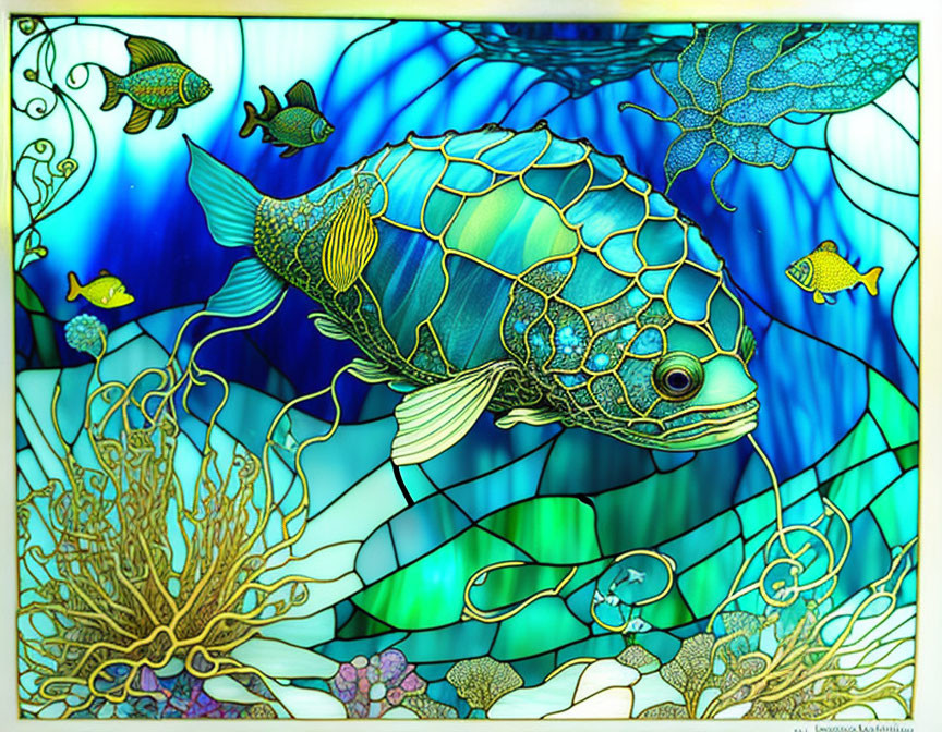 Colorful Stained Glass-Style Illustration of Blue Fish with Yellow Fish, Coral, and Se