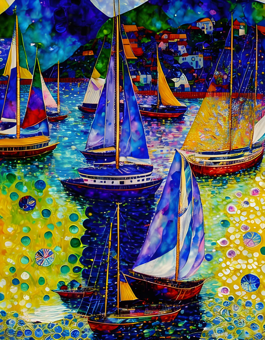Vibrant sailboat painting on whimsical water with dotted pattern & colorful village.
