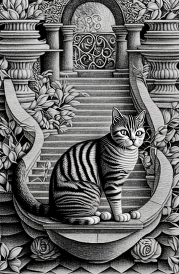 Monochrome striped cat on stairs with floral patterns and ornate gate