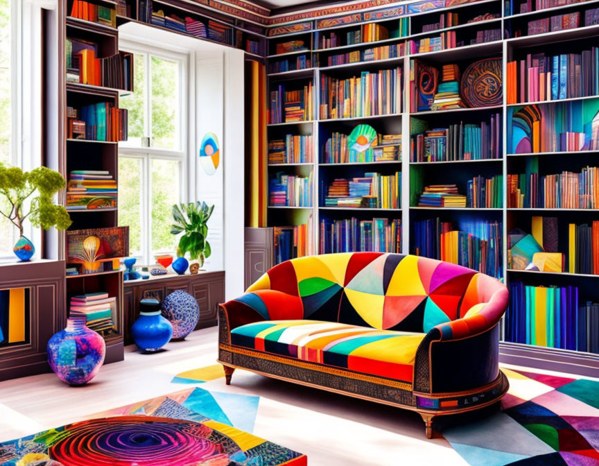 Colorful Room with Rainbow Sofa, Geometric Rug, Bookshelves, and Red-Frame Windows