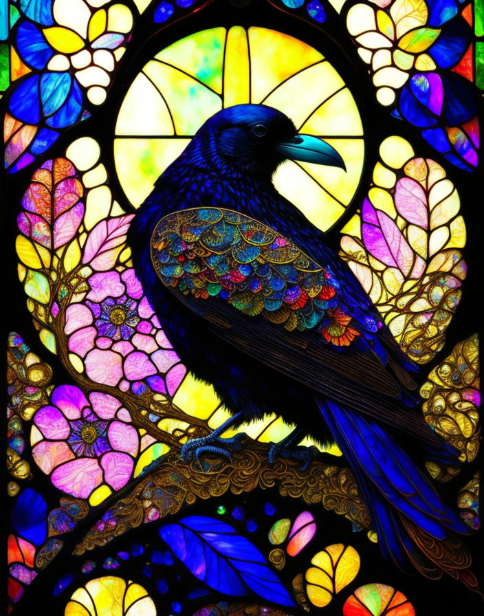 Colorful stained glass artwork of raven and floral patterns