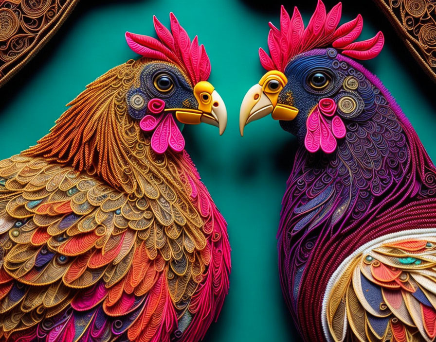 Colorful Paper Art Roosters with Feather Details on Teal Background