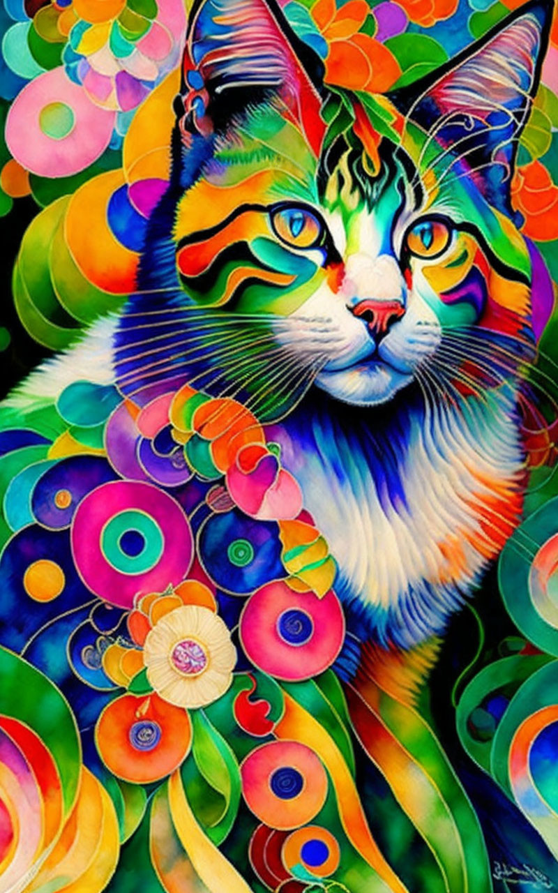 Colorful Psychedelic Cat Portrait with Floral and Geometric Patterns