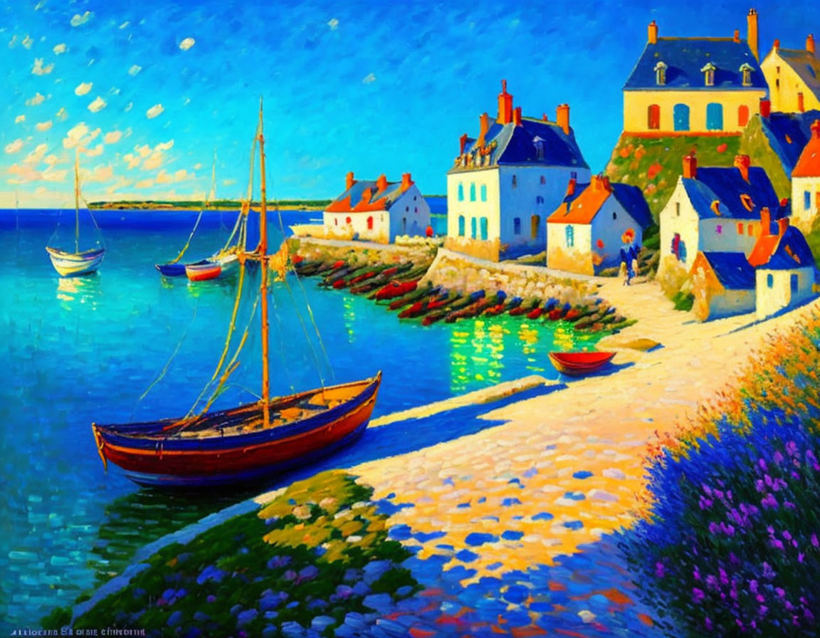 Colorful Coastal Scene with Boats, Houses, and Blue Sky