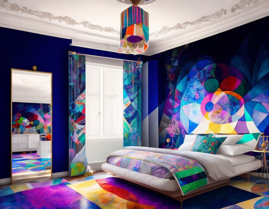 Colorful abstract mural, rainbow rug, modern bed - Vibrant bedroom decor