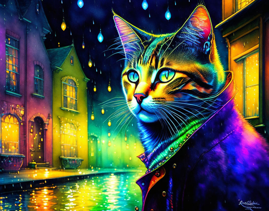 Colorful Cat Artwork with Luminous Eyes on Rainy Street