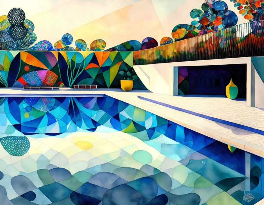 Vibrant geometric pool scene with colorful abstract patterns