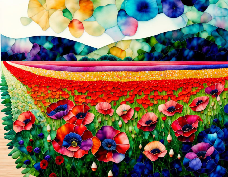 Abstract, Colorful Artwork: Vibrant Layers of Shapes and Textures in Stylized Landscape