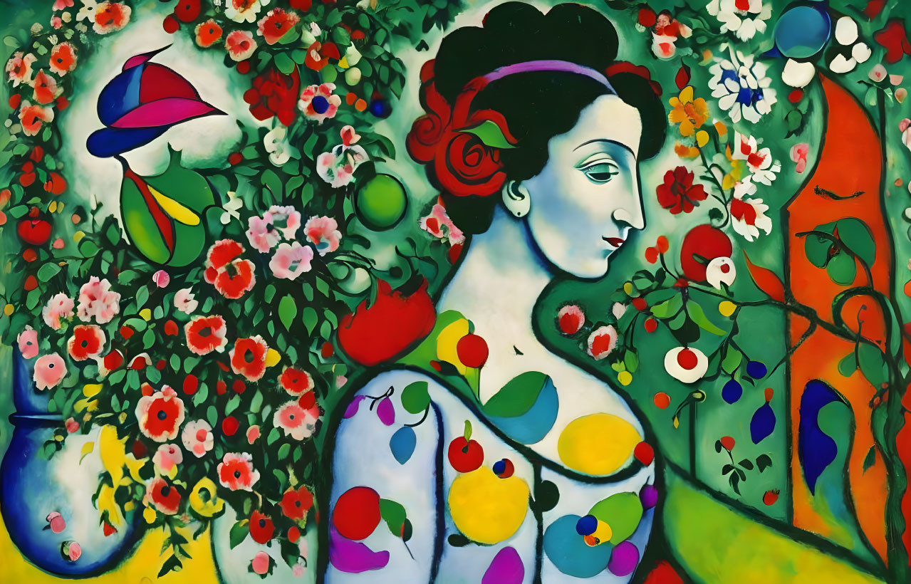 Vibrant painting of a woman with flowers, birds, and fruit