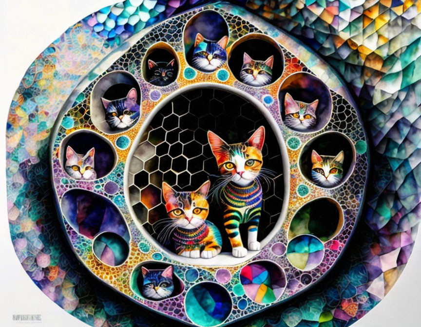 Vibrant cat-themed geometric illustration with kaleidoscopic patterns