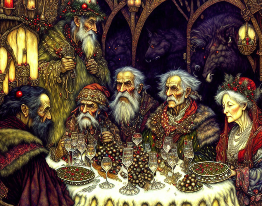 Fantasy characters in medieval attire at festive table with bear