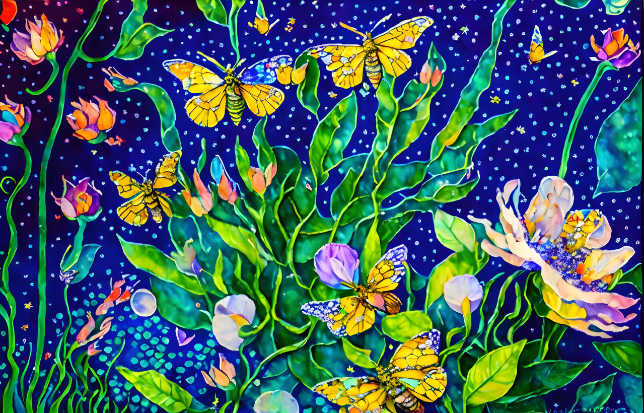 Colorful Butterfly Artwork on Greenery with Flowers and Starry Sky