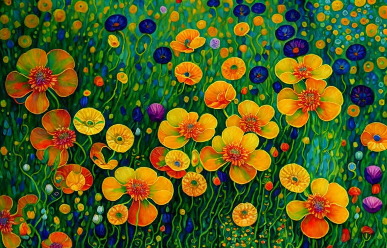 Colorful painting of blooming orange flowers with blue and purple accents in a green landscape
