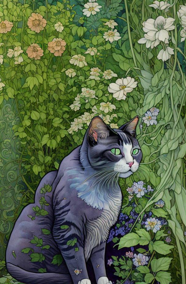 Gray Cat with Green Eyes Surrounded by Green Foliage and Flowers
