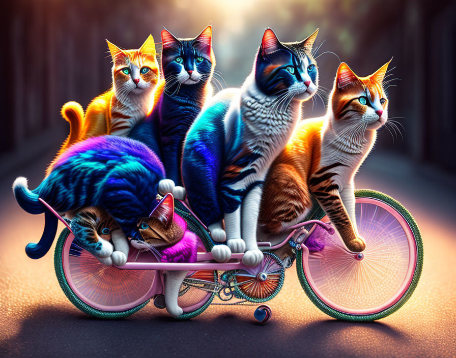 Whimsical cats on tandem bicycle in sunny scene