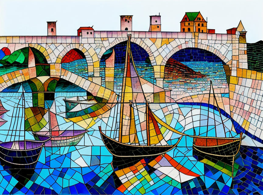 Vibrant mosaic sailboats artwork with bridge and castle-like structures