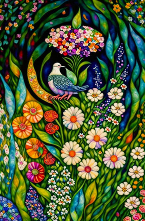 Colorful bird surrounded by flowers and leaves in whimsical painting
