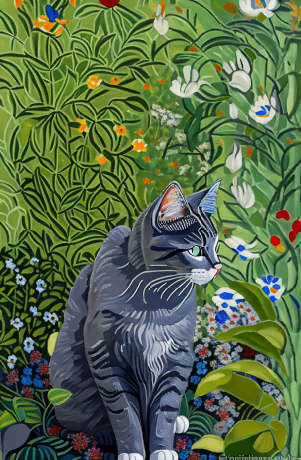 Grey Striped Cat in Green Foliage with Colorful Flowers