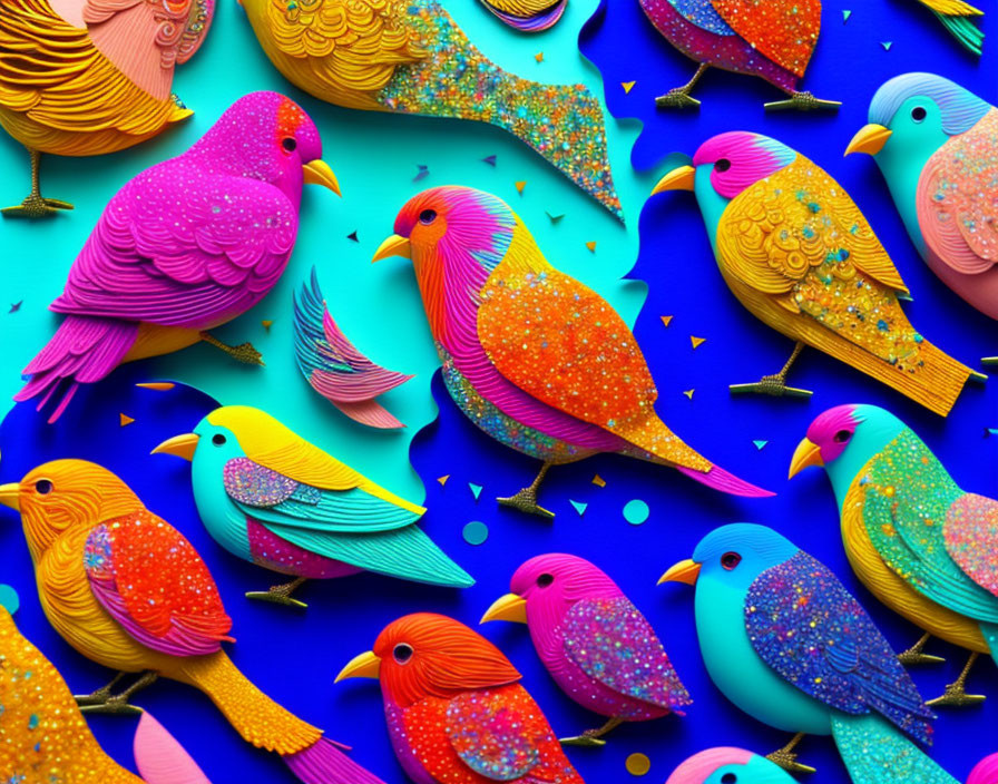 Vibrant, stylized birds with intricate patterns on blue background