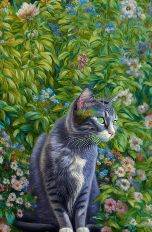 Gray Tabby Cat in Colorful Garden Setting