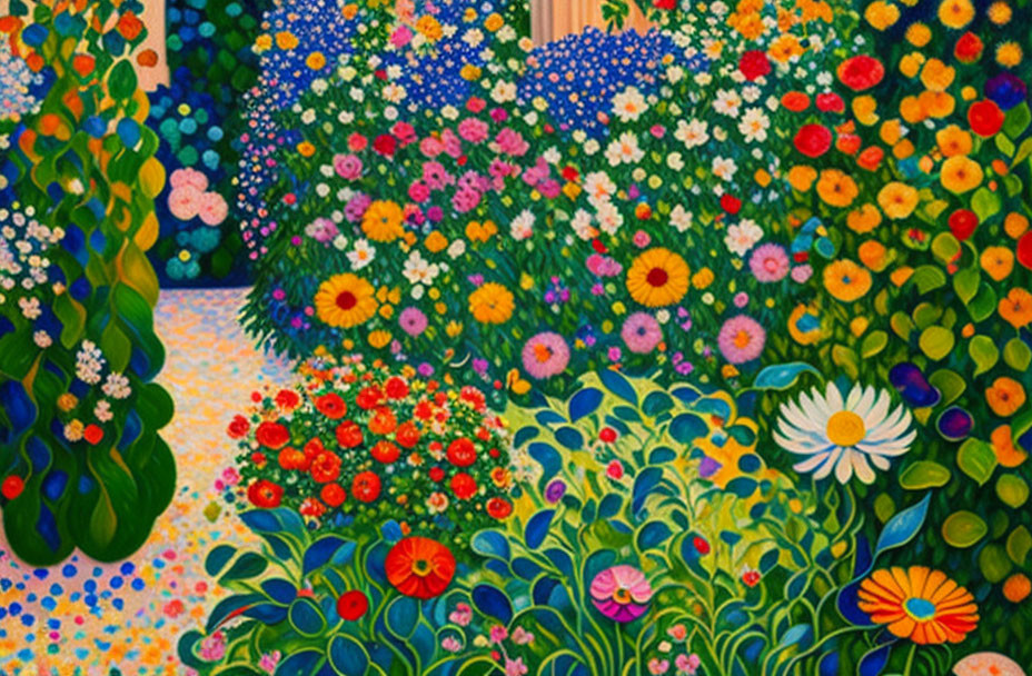 Colorful Pointillist Garden Painting with Vibrant Flowers