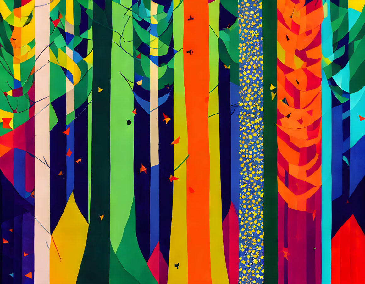 Vibrant geometric forest with autumn leaves in abstract design