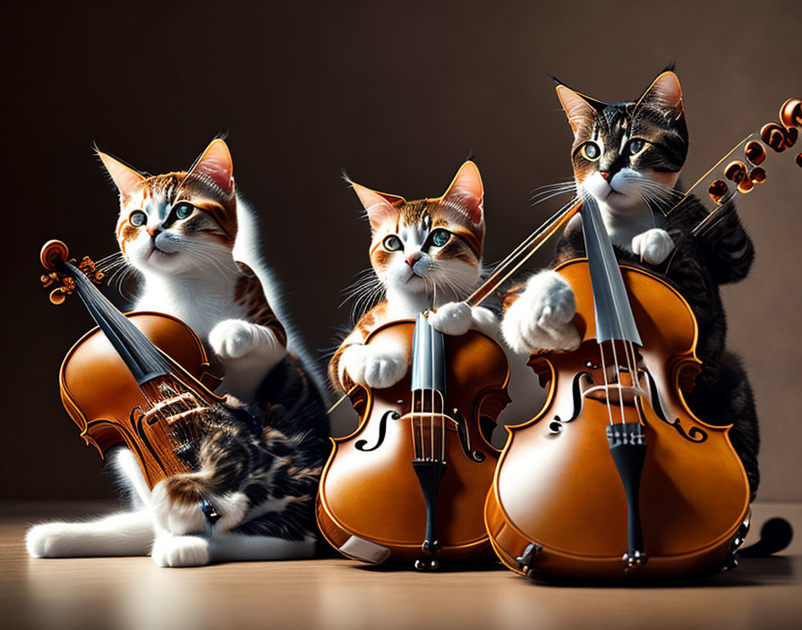Three cats playing violins in a whimsical setting