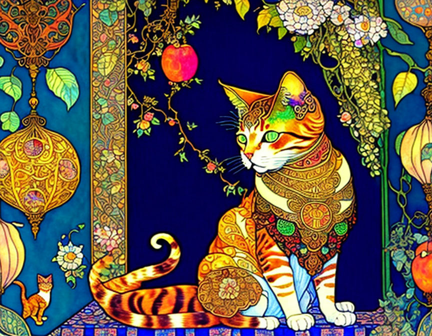 Colorful Stylized Cat Art on Vibrant Blue Background