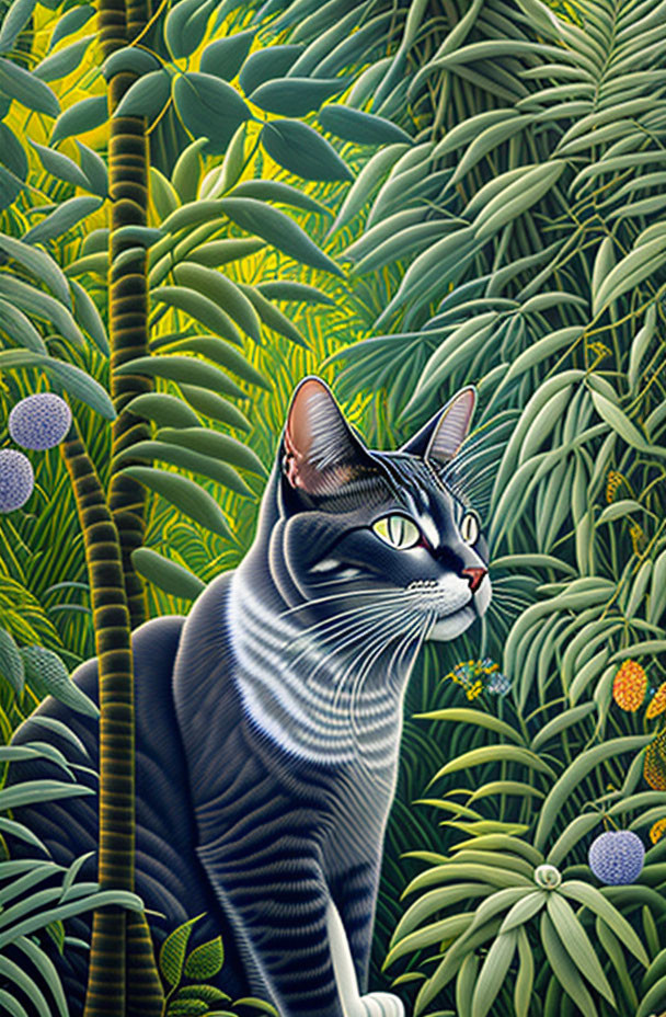 Striped Cat in Lush Jungle Setting with Exotic Foliage