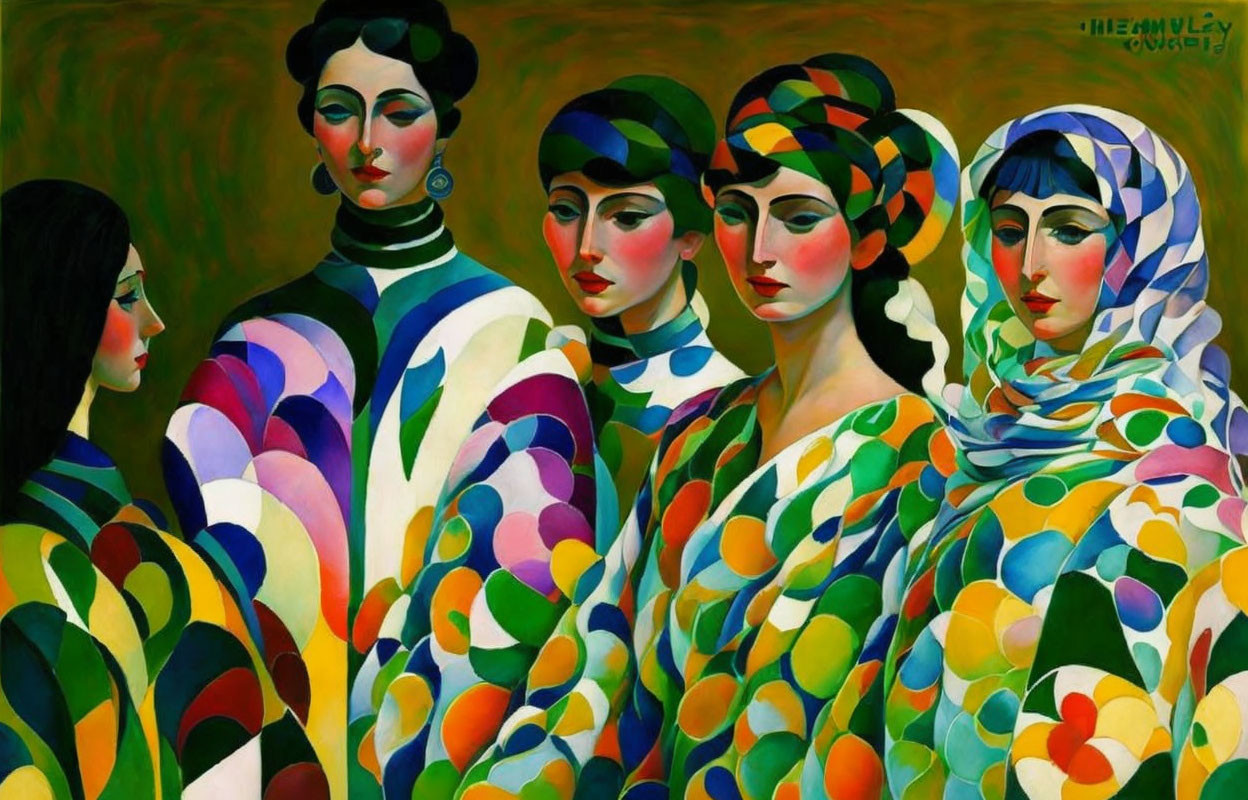 Vibrant painting of five women in patterned garments on dark backdrop