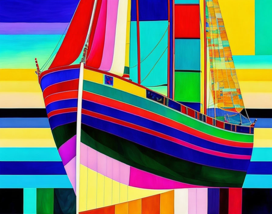 Vibrant abstract sailboat art with colorful sails and striped background